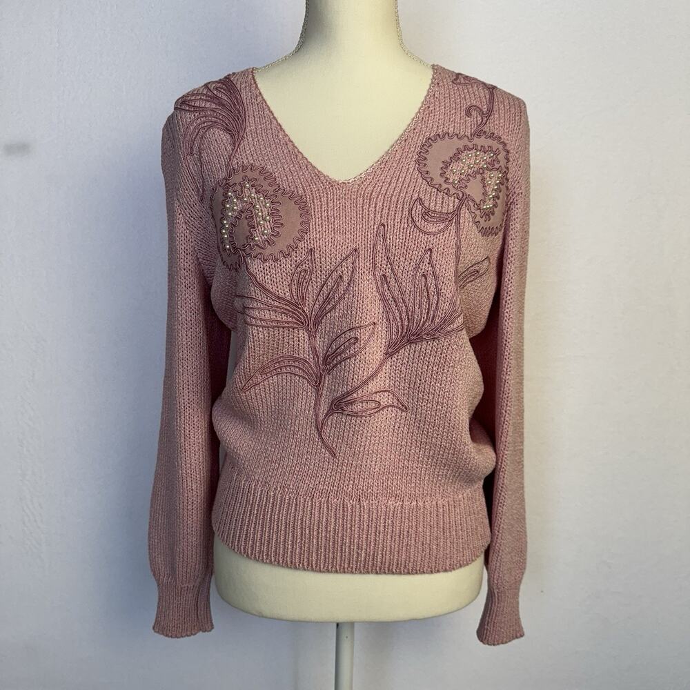 Vintage Lilli Ann Knits Pink Sweater Embroidered Wool Blend Hand Made Size 8